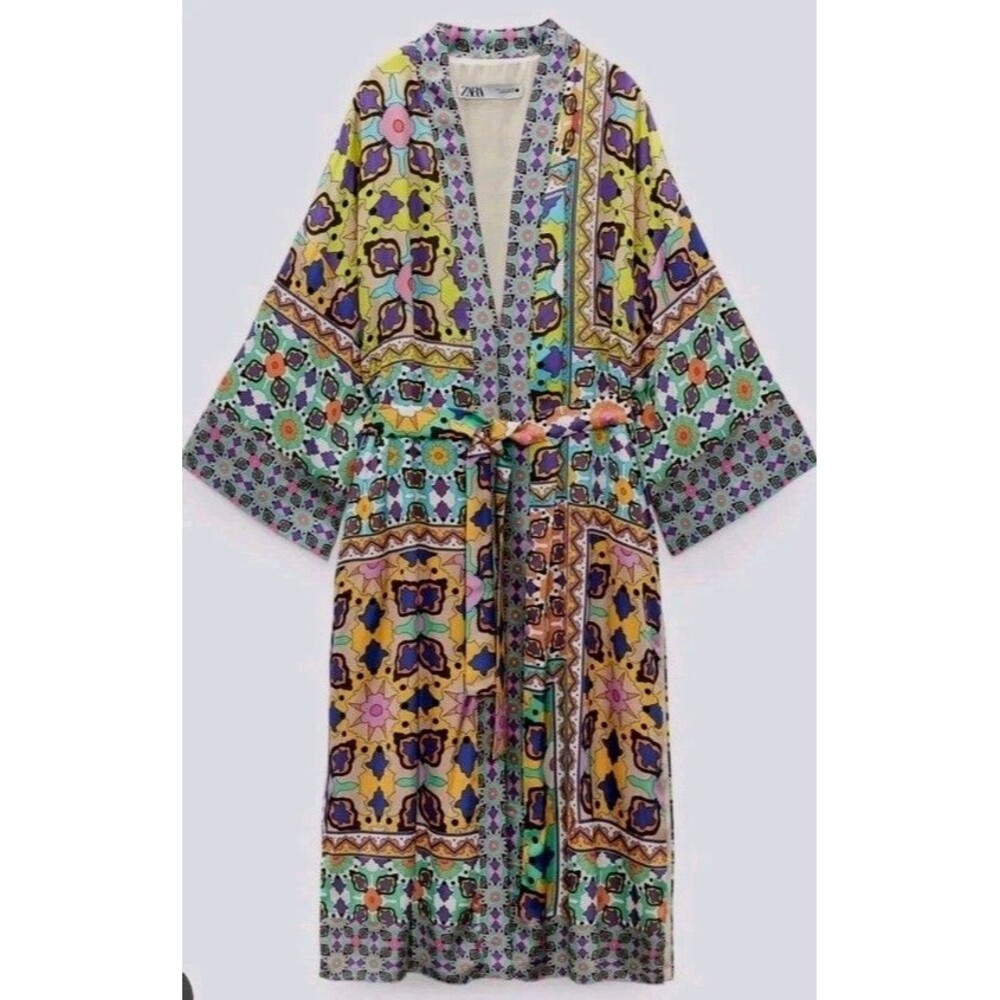 Zara Kimono Robe XS Wild Print Patchwork Midi Open Front with Tie Satin Lining - Picture 5 of 16